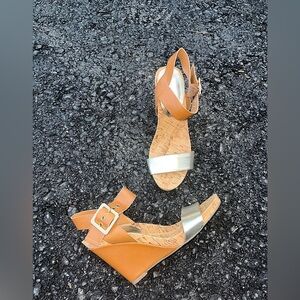 BCBG Tan and Silver Wedge Sandals with Ankle Strap